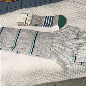 Gray and Green Striped Scarf and Socks Set
